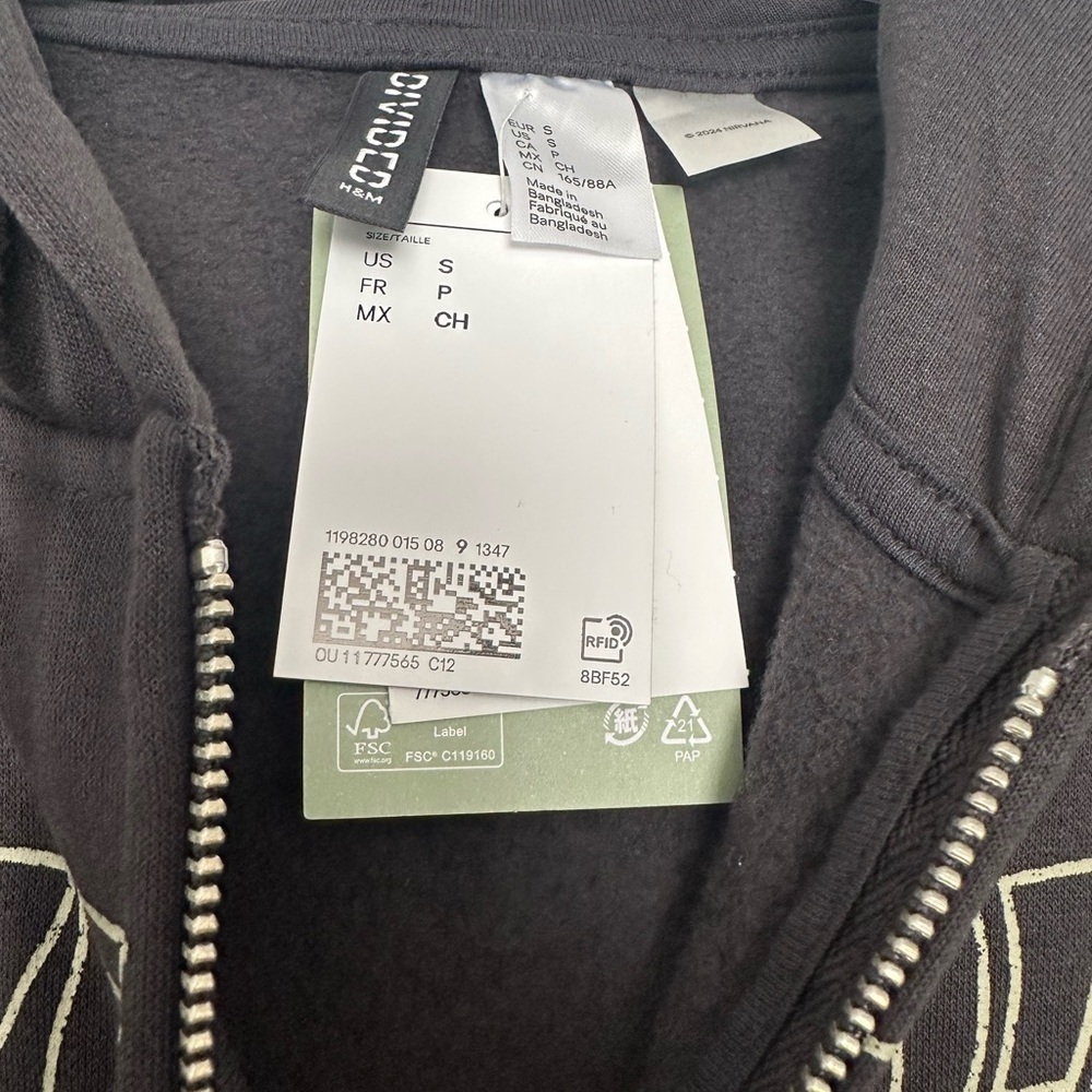 H&M Nirvana Zip Up Hoodie in Charcoal Gray - Size S - Nevermind Graphic - Picture 3 of 4